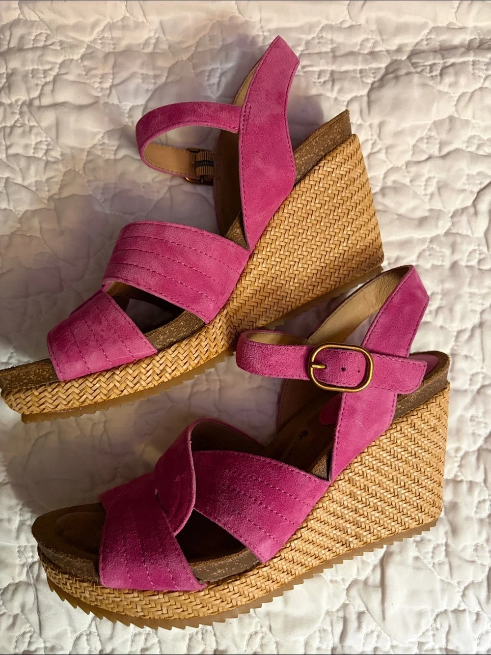 Sofft Hot Pink Suede Wedge Sandals with Ankle Buckle
